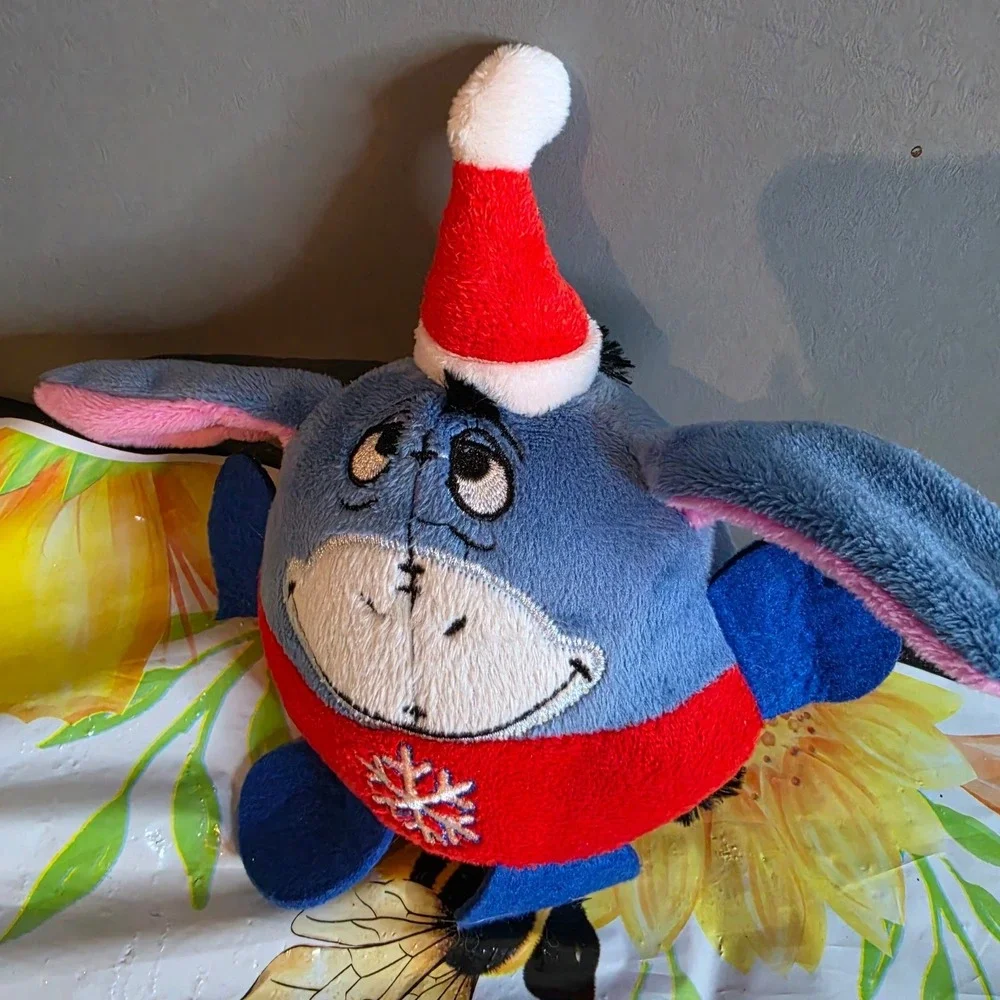 Disney Eeyore Christmas Santa Hat Snowflake Squeaky Plush Dog Toy Blue Red